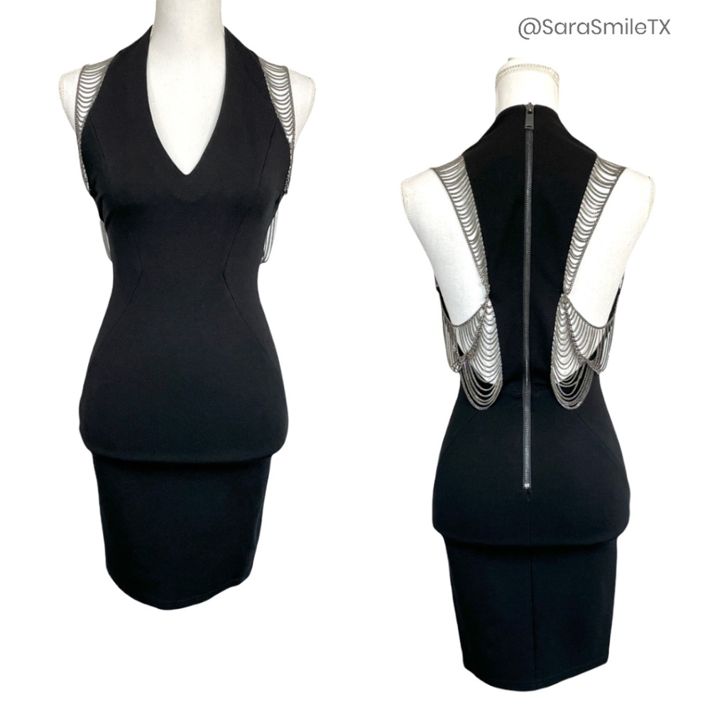 HAUTE HIPPIE Gunmetal Chain Sleeveless V-Neck Fitted Little Black Mini Dress